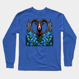 Cartoon Of A Bighorn Sheep With Colorado Blue Columbine Long Sleeve T-Shirt